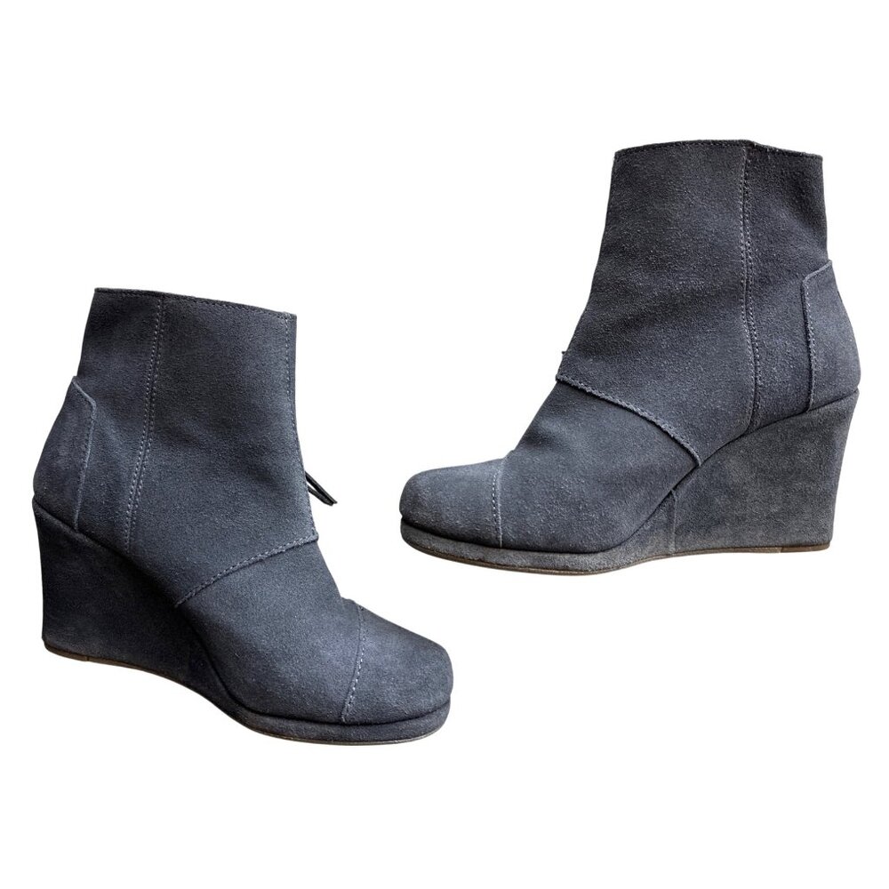 Toms Gray Ankle Boots Suede Wedge Tassel Pull Side Zippers Wrapped Heel Size 8 - Picture 2 of 6